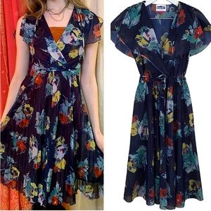 Jackie O! Vintage 1970’s Semi Sheer Floral Pleated Belted Faux Wrap Dress Size 3